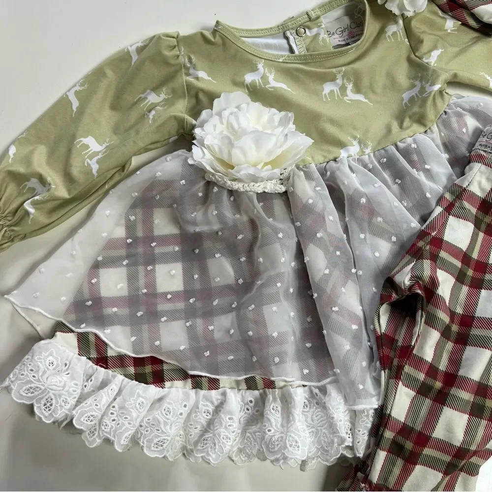 Be Girl Clothing 3 Piece Winter Plaid Bucks Twirl Dress Pants Headband Set